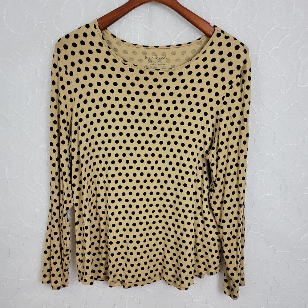 By Chico's Womens Top Yellow Polka Dots Crewneck Long‎ Sleeves Pullover